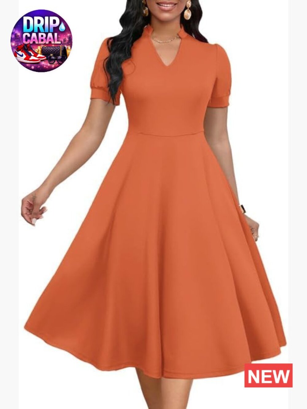 Short Puff Sleeve V Neck A-Line Cocktail Dress Polyester Elastane